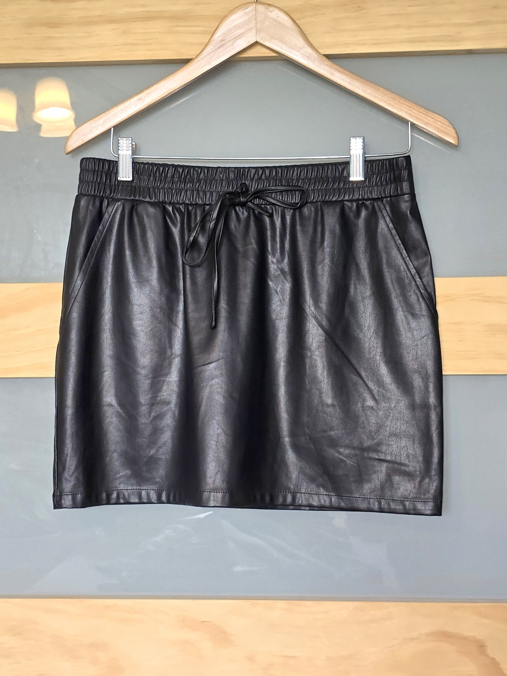 Shinestar Black Faux Leather Drawstring Mini Skirt
